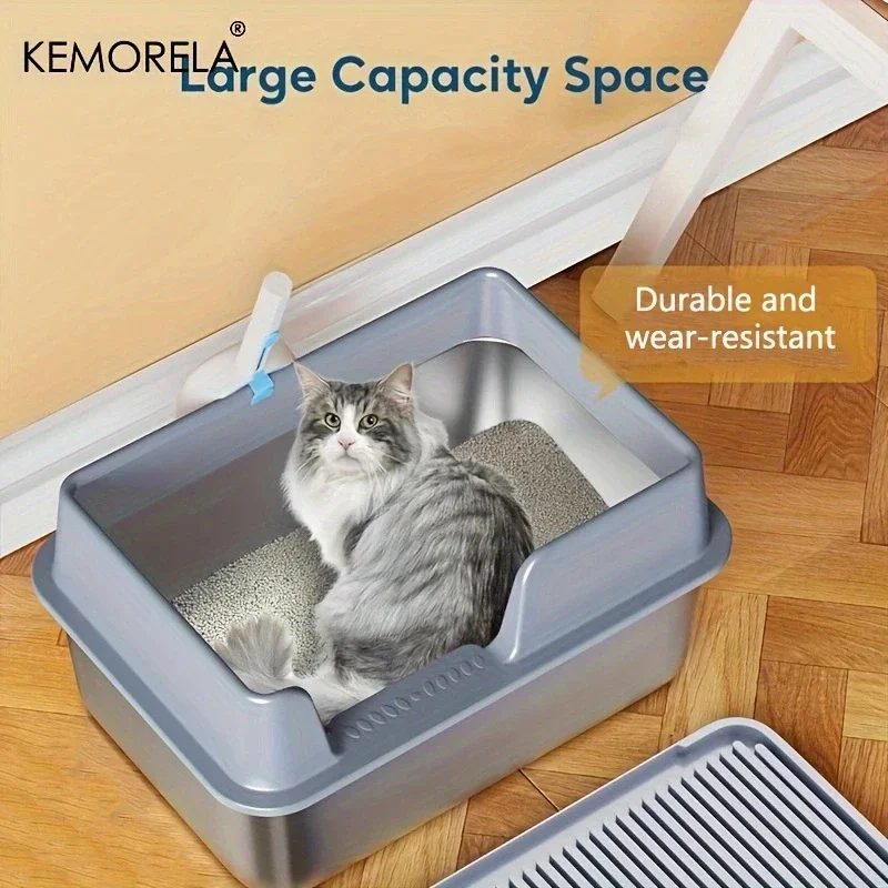 Large Stainless Steel Cat Litter Box, Open Cat Toilet, Durable, Comfortable and Easy to Clean with a Litter Scoop and Litter Mat
