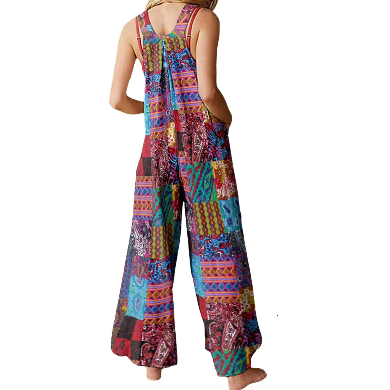 Captivating Women Summer Overalls Multicolor Ethnic Style Square Neck Sleeveless Casual Jumpsuit with Pockets for Girls 240930