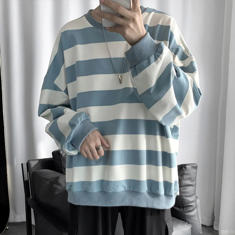 Spring Autumn Mens Fashion Striped Tshirt Youth Round Neck Long Sleeve Bottomed Shirts Pullover 241011