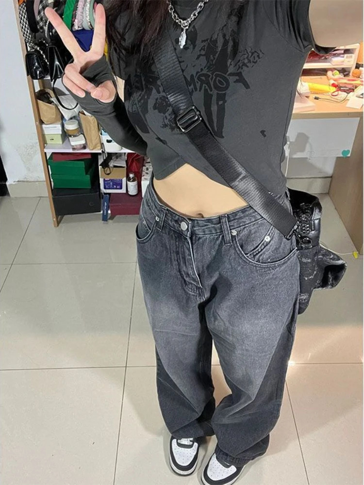 QWEEK Vintage Black Baggy Jean Korean Streetwear Oversize Harajuku High Waist Pants Grunge Y2K Denim Wide Leg Trousers 241007