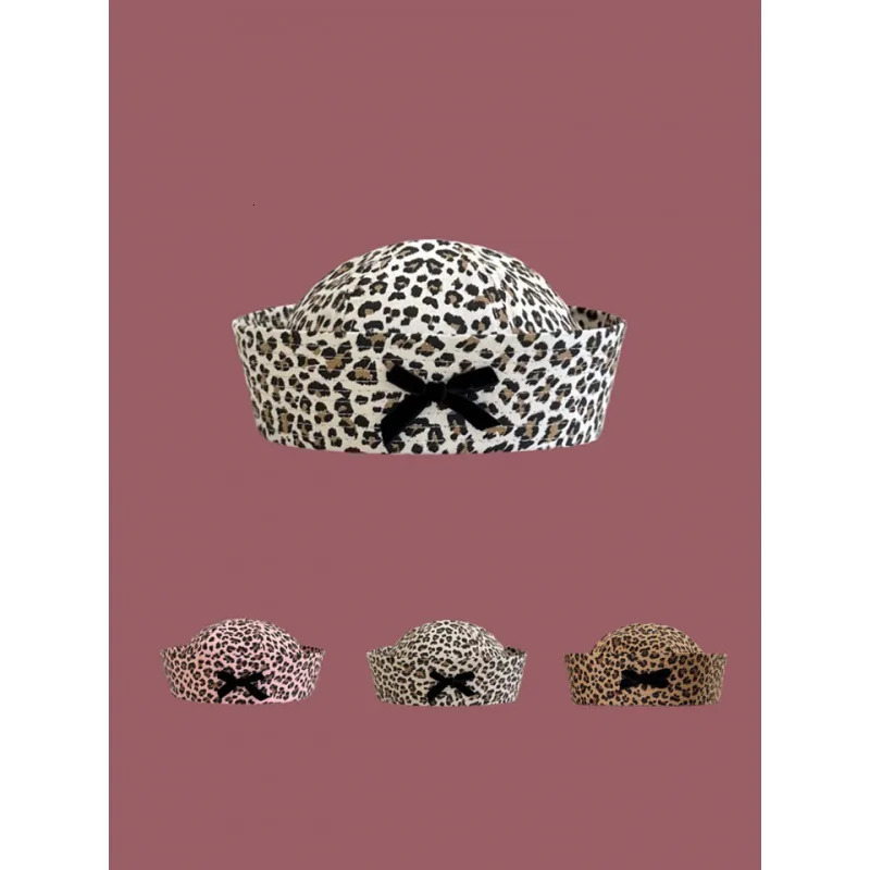 2024 Bow Leopard Print Sailor Hat Women Retro Spicy Girl Flip Brim Beret Sweet And Cute face Revealing Small Hat 241009