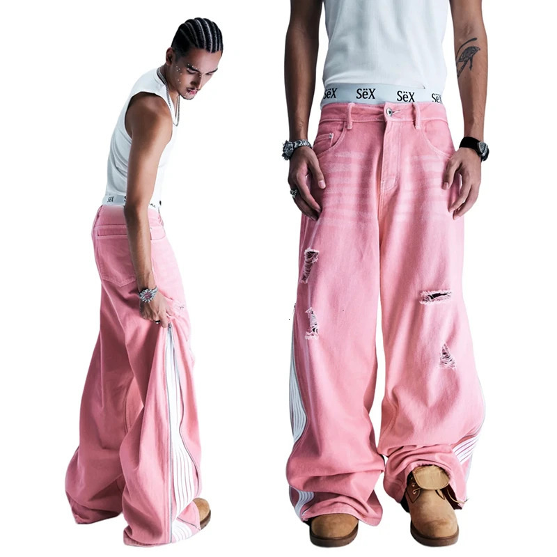 Y2K pocket jeans striped embroidered patchwork zipper sports pants Harajuku mens style hiphop street casual wide leg 241010