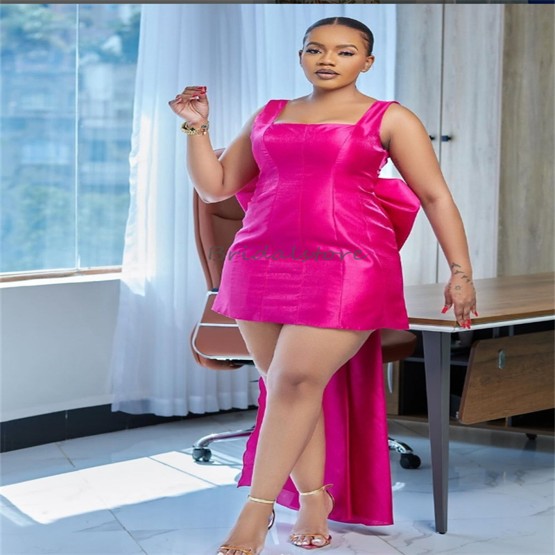 Hot Pink Short Prom Dresses With Bow Black Girls Square Neckline Mini Cocktail Dress African Women Evening Dress Backless Dinner Homecoming Birthday P
