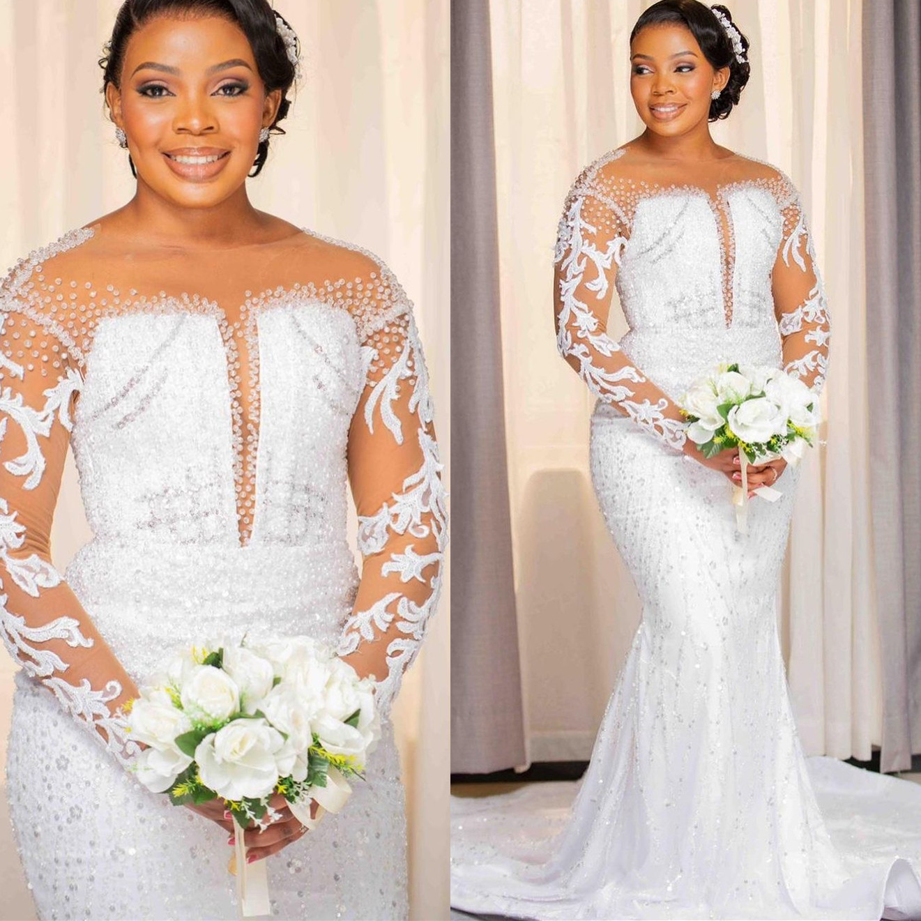 2024 Arabic Aso Ebi Plus Size Off White Mermaid Wedding Dresses Lace Beaded Full Sleeves Vintage Luxurious Bridal Gowns Dress Wd05