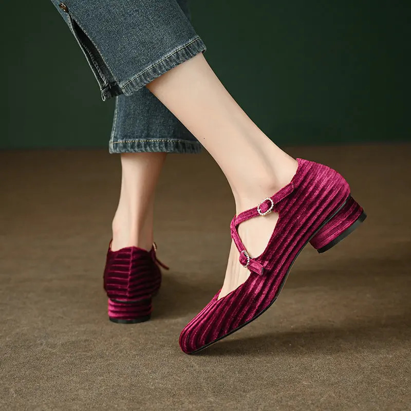 Velour Velvet Good Quality Women Med Round Heels Olive Army Green Cross-strap Vintage Retro Lady Mary Janes Pumps Office Shoes 241010