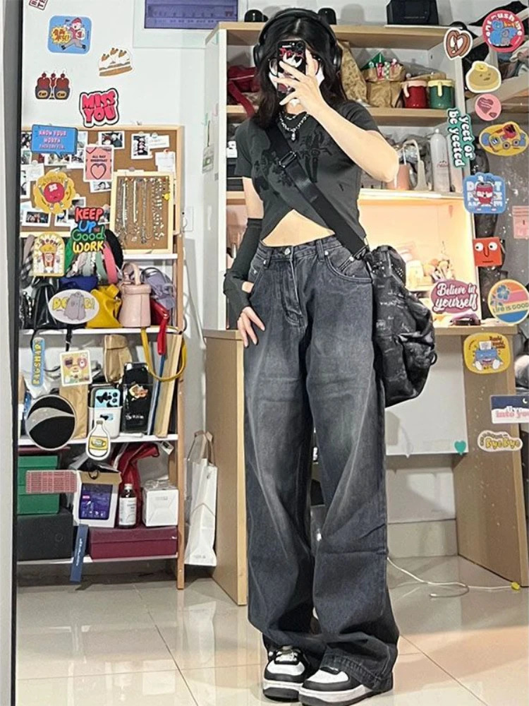 QWEEK Vintage Black Baggy Jean Korean Streetwear Oversize Harajuku High Waist Pants Grunge Y2K Denim Wide Leg Trousers 241007