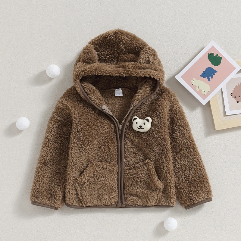 Hooded Coat Baby Boy Girl Fuzzy Jacket Winter Warm Clothes 3D Bear Zipper Sweatshirt Clre Fleece Tops Outerwear 241011
