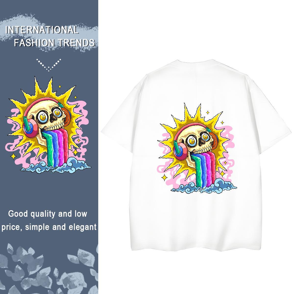 Fashion Casual T shirt 230g 100% Cotton Breathable Short Sleeve Hip Hop Street skull Woman Tshirt Soft Cartoon Floral Printing Clothings