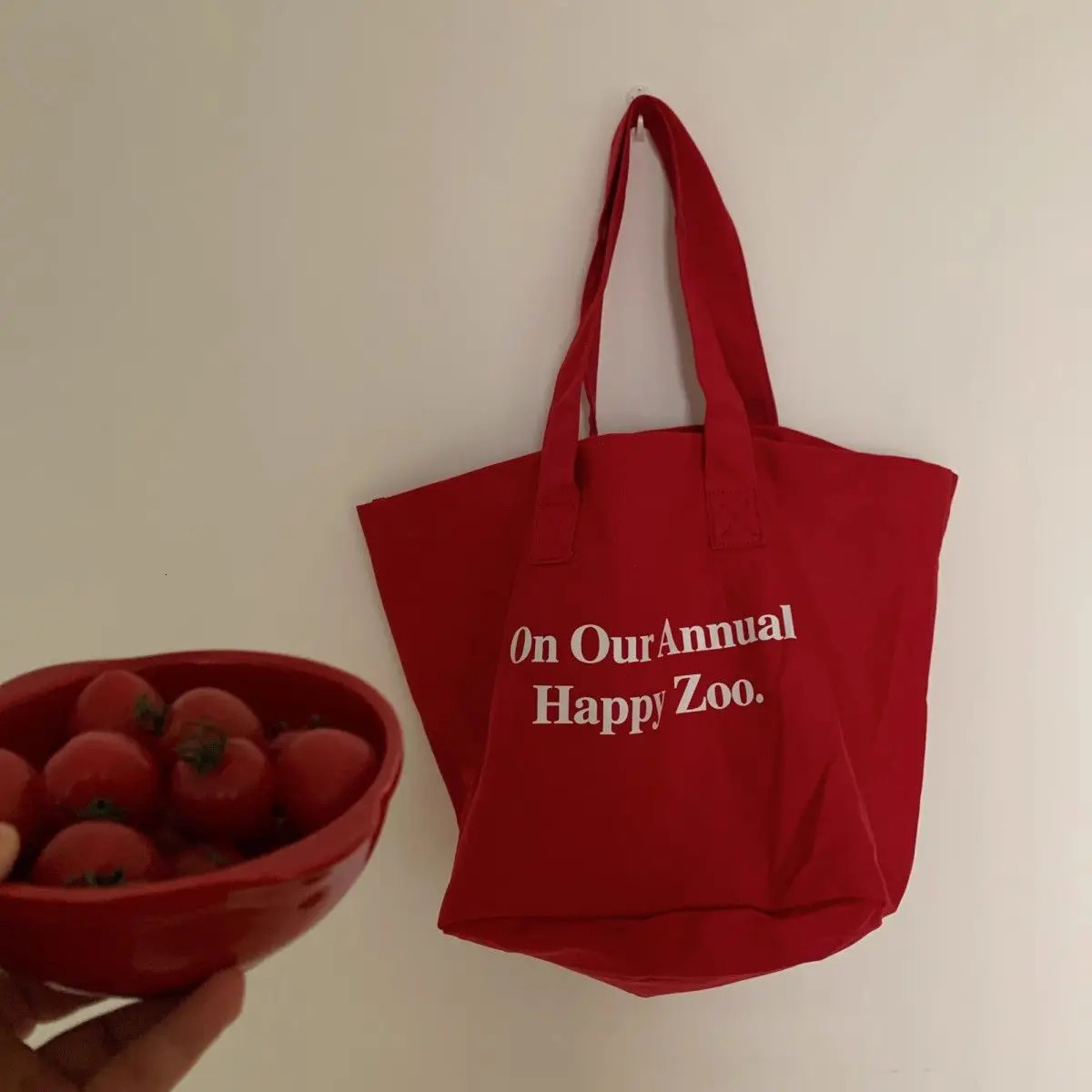 Korean shoulder bag letter school commuting shopping bag eco-friendly bag casual canvas red womens handbag 241008