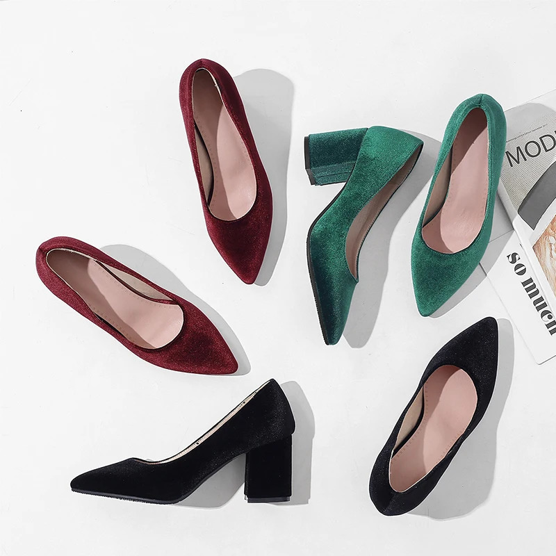 Velvet Mary Jane Shoes Women Pearls Buckle High-heeled Velour Green Burgundy Pumps Office Banquet Party Dress Shoes Ladies 33-43 241010