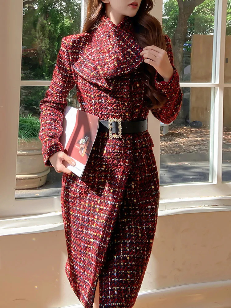 Dabuwawa Detachable Scarf Collar Tweed Woolen Coat Women Christmas Party Adjustable Waist Jacket Elegant Outwear DM1DCO007 241011