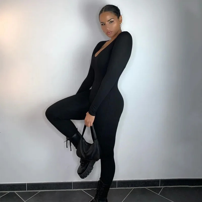 Sexy Jumpsuit Autumn Solid Long Sleeve Bodycon Black Rompers Fashion Sports Streetwear Casual Skinny Overall Female 241007