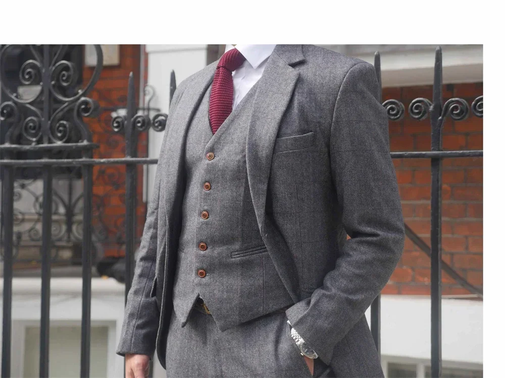 Wool British Style Suits For Men 2024 Herringbone Tweed 3 Pcs Wedding Grey Slim Fit Groom Tuxedo (Jacket + Pants + Vest)