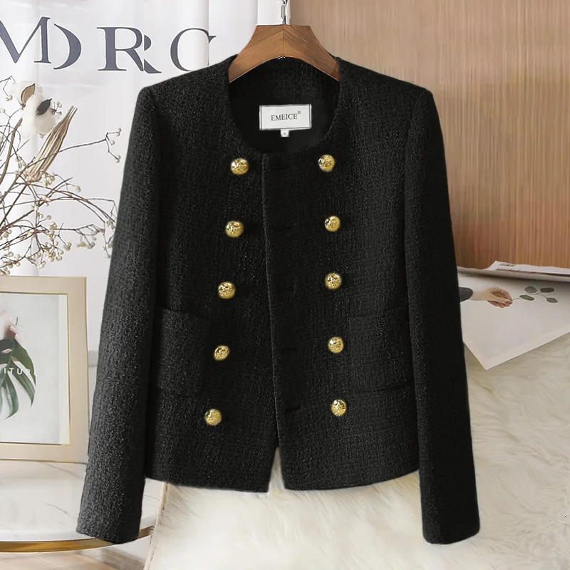 Double breasted Woolen Coat for Womens Autumn and Winter Slim Fit Fashion Short Knit Thick Tweed Suit Jacket Blazer Yellow 241011