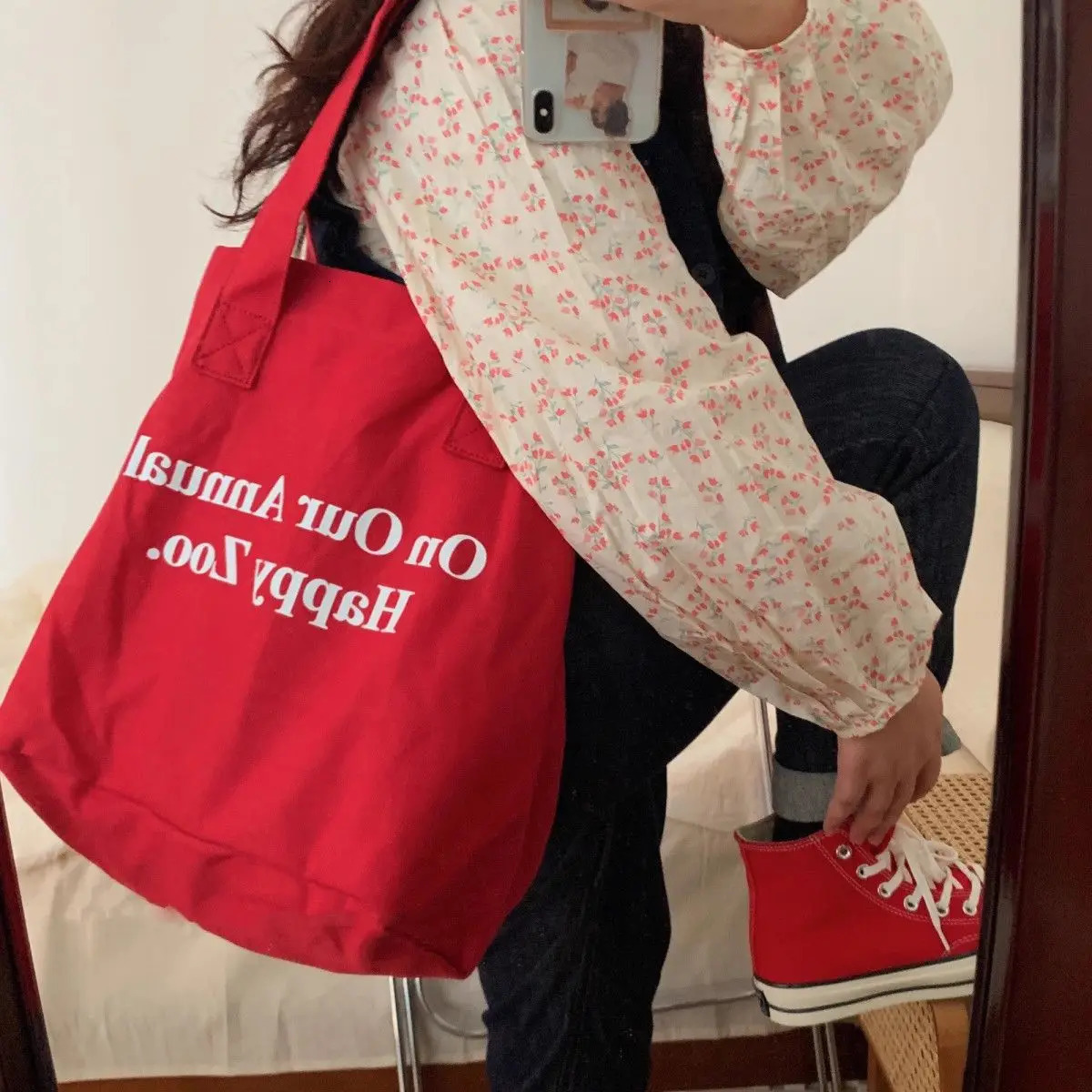 Korean shoulder bag letter school commuting shopping bag eco-friendly bag casual canvas red womens handbag 241008