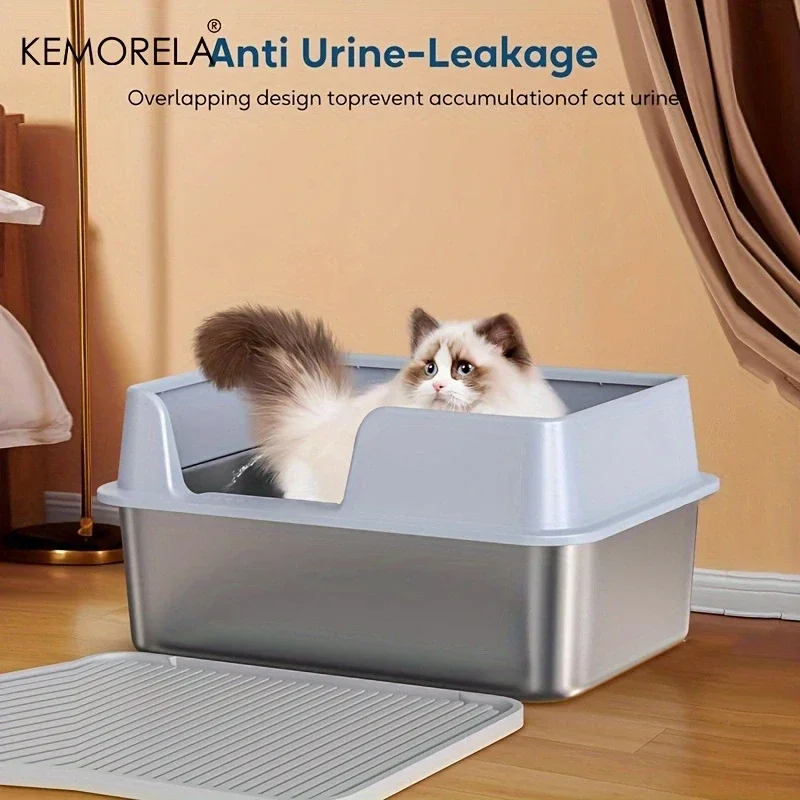 Large Stainless Steel Cat Litter Box, Open Cat Toilet, Durable, Comfortable and Easy to Clean with a Litter Scoop and Litter Mat