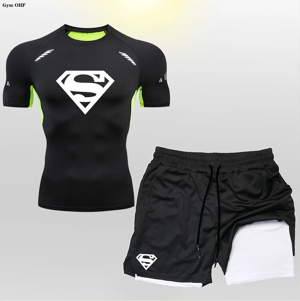Super/Hero Men's Compression Shirts 2 in 1 Shorts Set Man Sportswear Fitness Gym Workout Rash Guard Kits Quick Dry Shirt