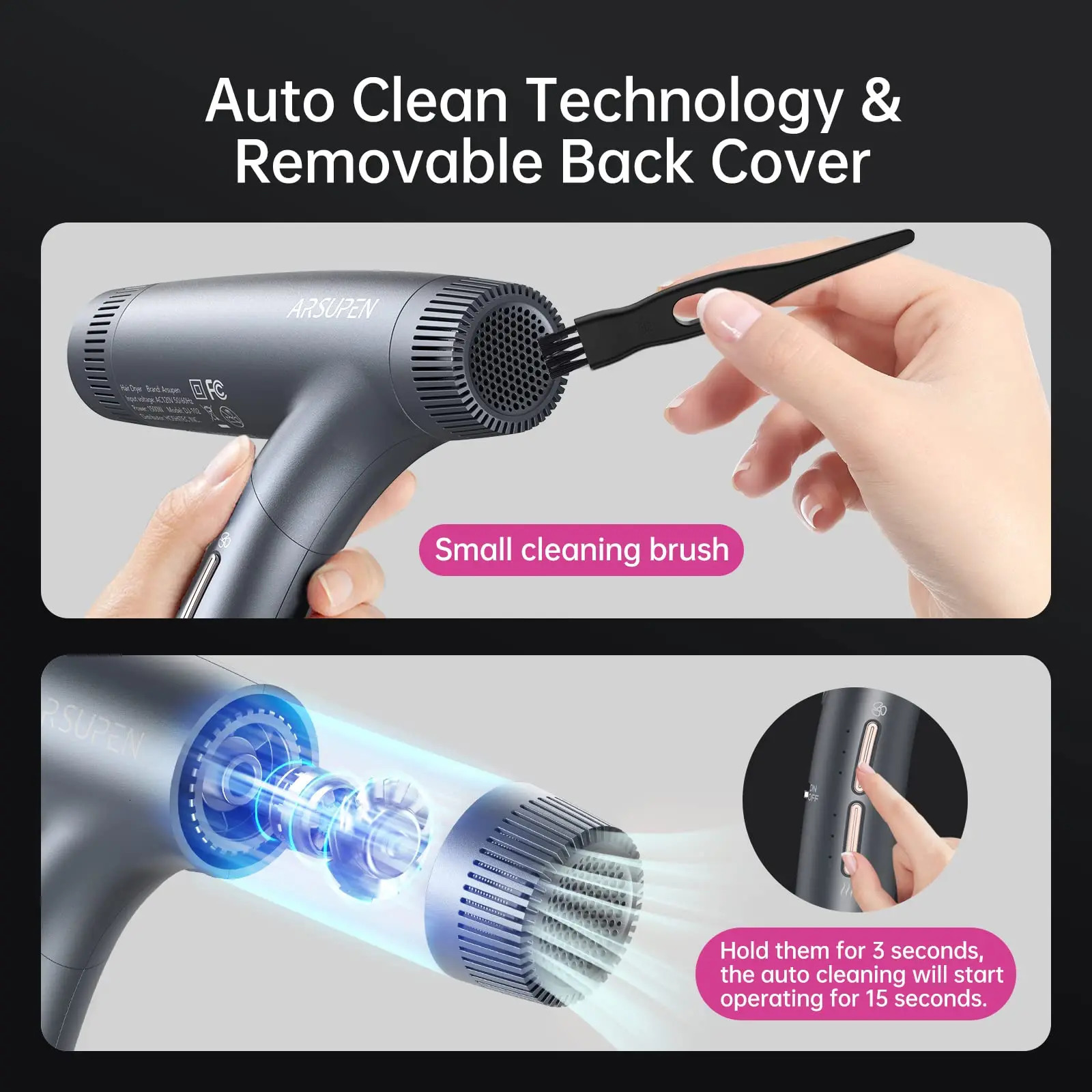 Foldable Hair Dryer 1600w Ultra-Fast Drying Ionic Technology 12 Adjustment Modes Low Noise Auto Clean 241009