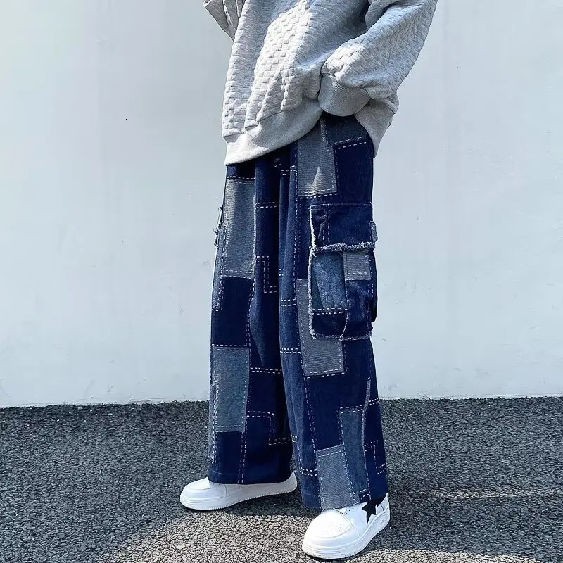 Y2K splicing straight jeans loose cargo large pocket pants Japanese Harajuku streetwear Korean fashion loose wide leg jeans 241007