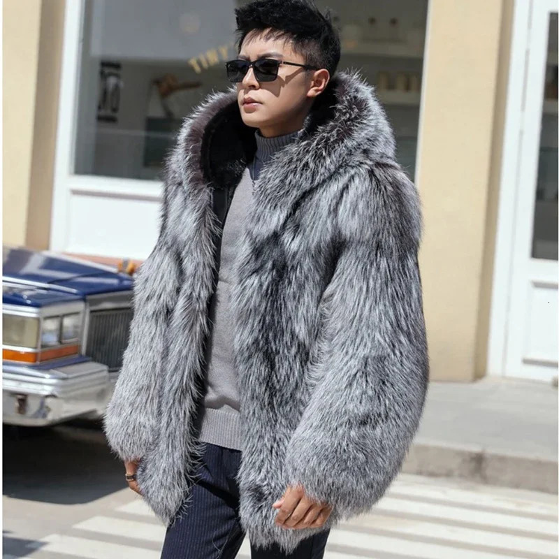 Model Winter Warm Hooded Fashion Fox Fur Men Mink Fur Integrated Coat Silver Fox Mink Coat Casual Cozy Jacket 241011