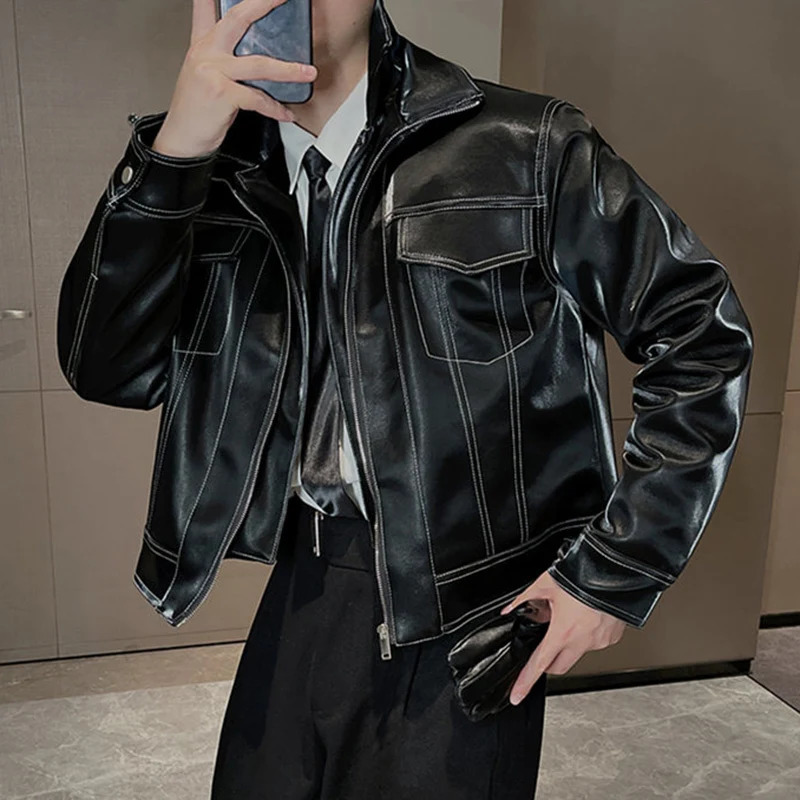 IEFB Mens Leather Jackets Autumn Winter Short Style Motorcycle Clothes Two Piece Niche Casual Windbreaker 9C2366 241011