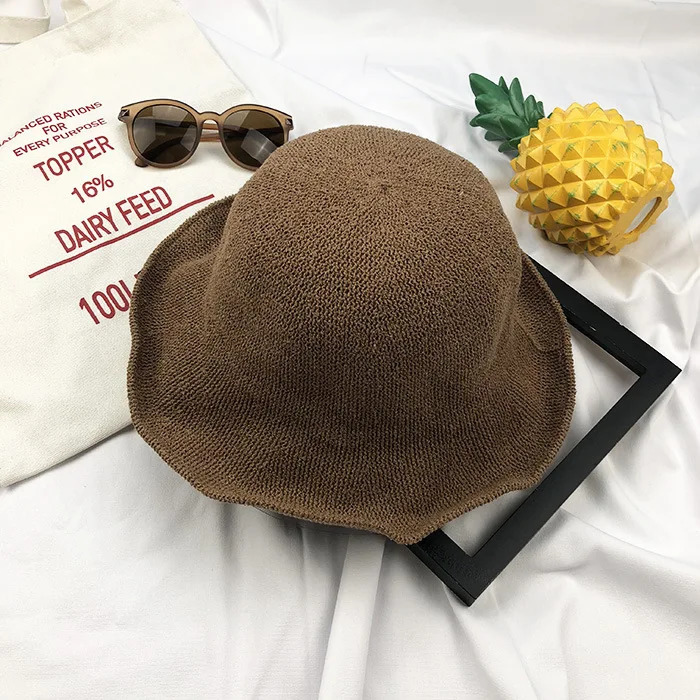 Fashion Bucket Hat Summer Hollow Knitted Solid Color Sunhat Fishermans Casual Folding Beach 241009