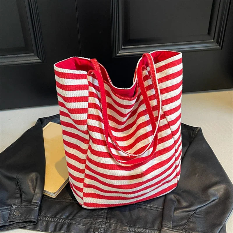 YOUDEYISI red striped canvas shoulder bag Korean style travel beach bag double-sided shopping handbag 241008
