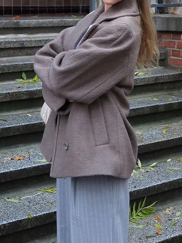Elegant Brown Woolen Coat Thick Lapel Single Breasted Pocket Jackets 2024 Autumn Winter Lady Long Sleeve Loose Outwear 240930