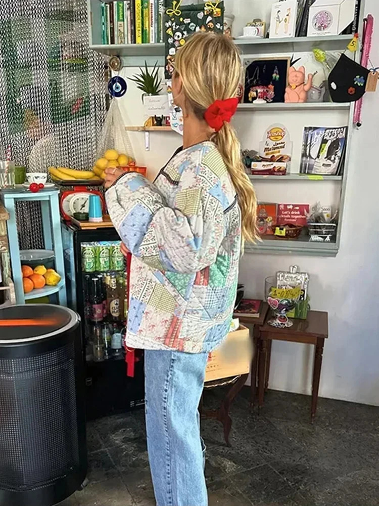 Womens Winter Jacket Printed Patch Work Warm Cotton Jacket Womens Pocket Single Piece Jacket Autumn Womens Street Clothing 241007