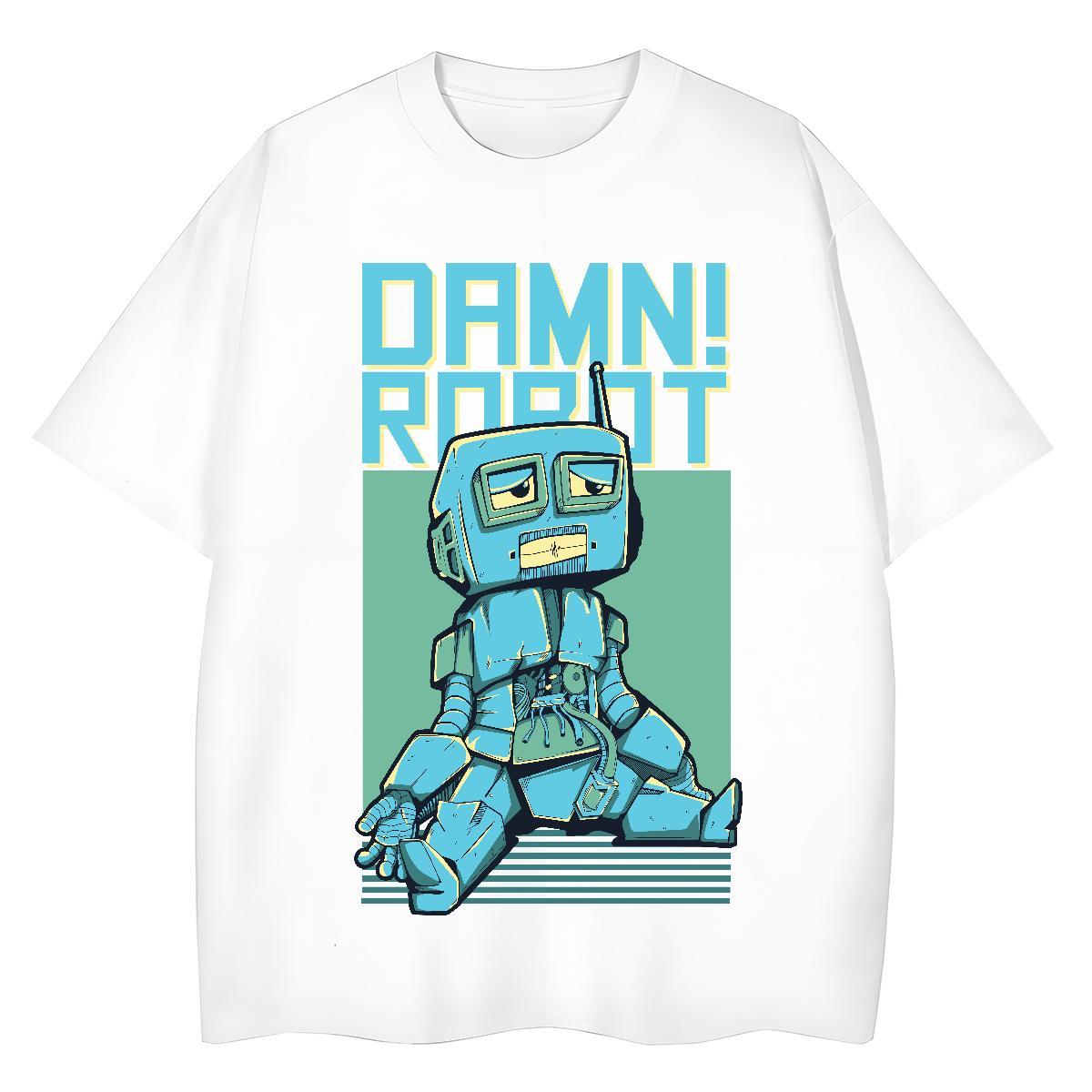Fashion New Woman T Shirts 230g Cotton Breathable High Street Hip Hop robot Tshirt for Man Woman Loose fit Anime Print Clothes Shirt