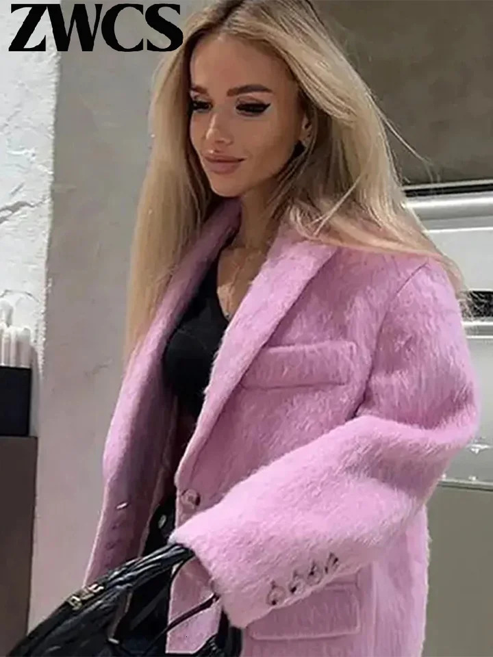 Womens Elegant Wool Coat Turn Down Collar Single Breasted Pink Long Sleeve Thicken Jackets Ladies 2024 Loose Outwear 241011