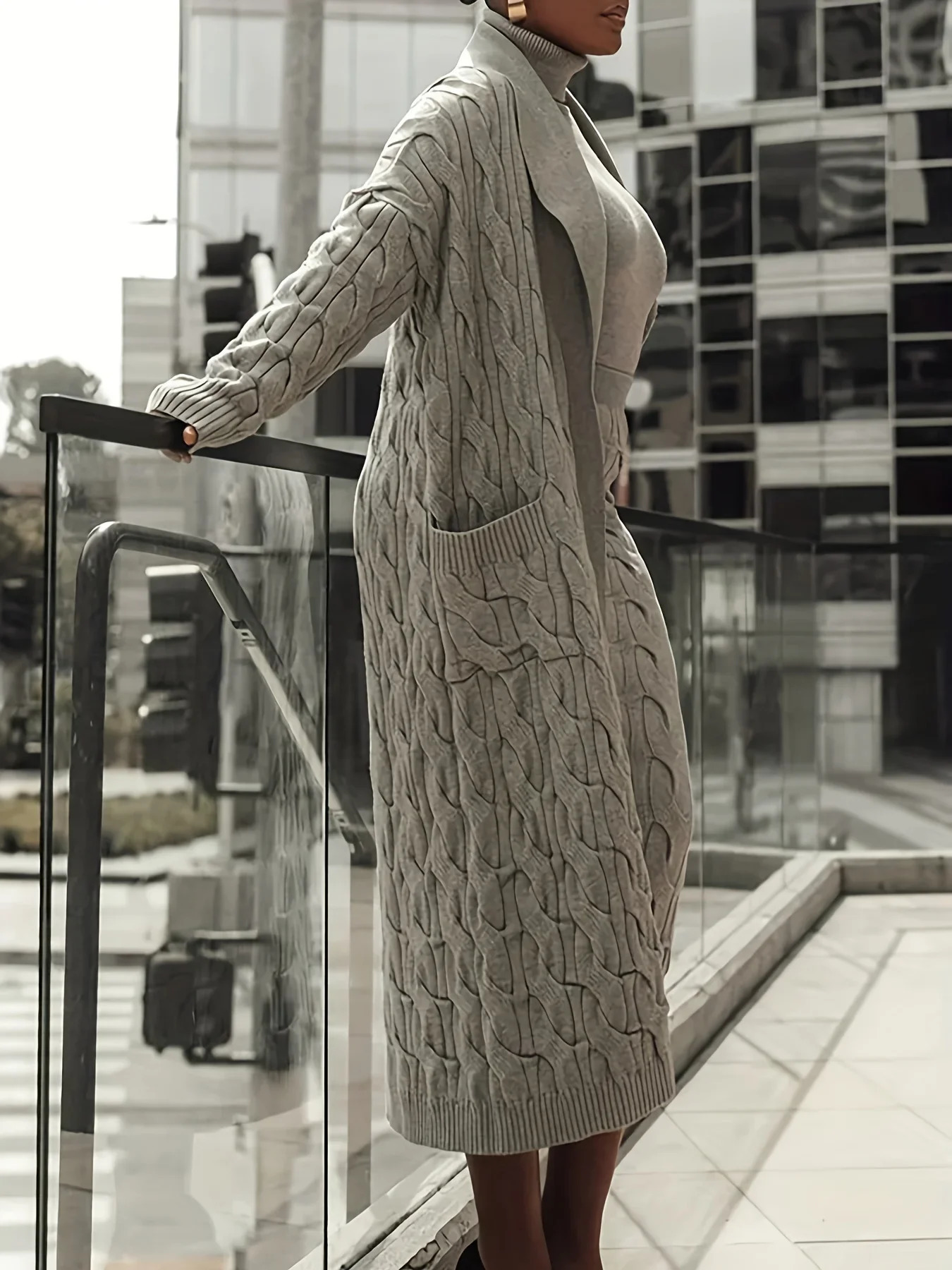 2024 Winter Chic ThreePiece Knit Set Women Open Front Pocketed Cardigan Sleek Turtleneck Sweater With HighWaist Skirt Perfect 241011