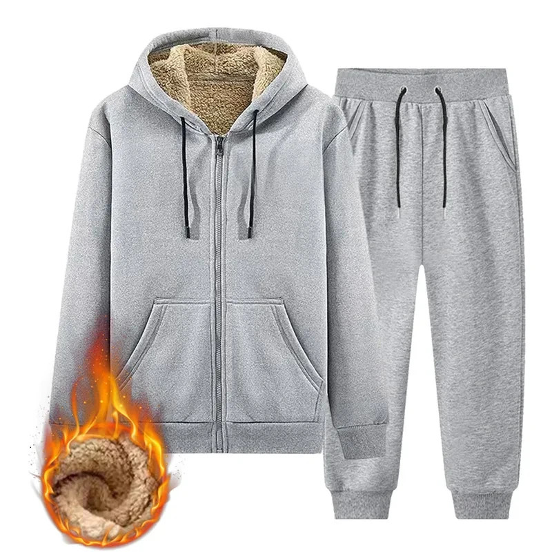 1-2 PiecesSet Winter Sportsuit Thermal Hoodies Fleece Tracksuit Windproof Gym Men Sportswear Men Warm Sport Suit 241011