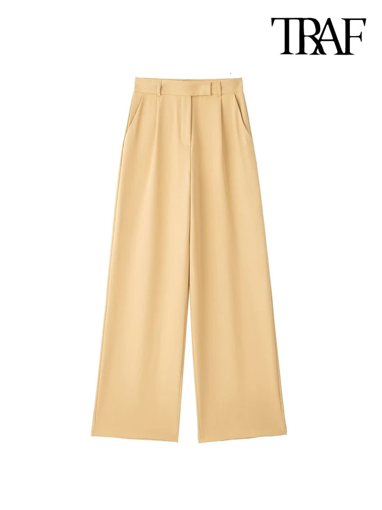 TRAF Women Fashion With Darts Front Pockets Wide Leg Pants Vintage High Waist Zipper Fly Female Trousers Mujer 241007