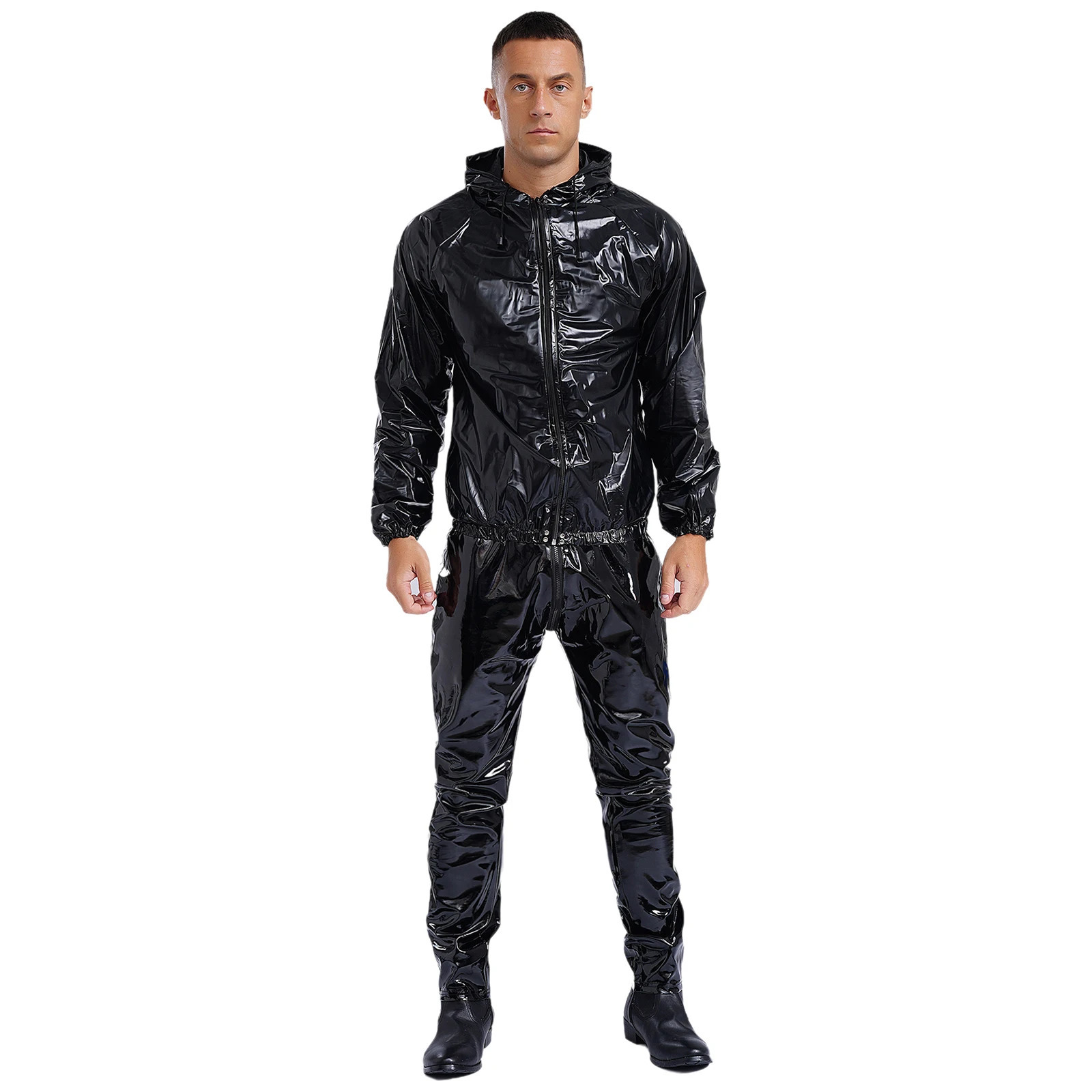 Unisex Womens Mens PVC Sauna Sweat Suit Exercise Workout Outfit Long Sleeve Zipper Drawstring Hooded Jacket Tops with Pants 241010
