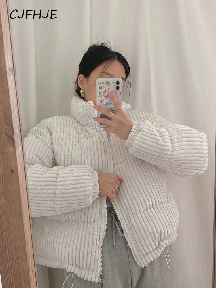 CJFHJE Simple Thick Corduroy Puffy Coat Women Fashion Solid Short Parkas Casual Winter Warm Female Cotton Down Zipper Jacket 240930