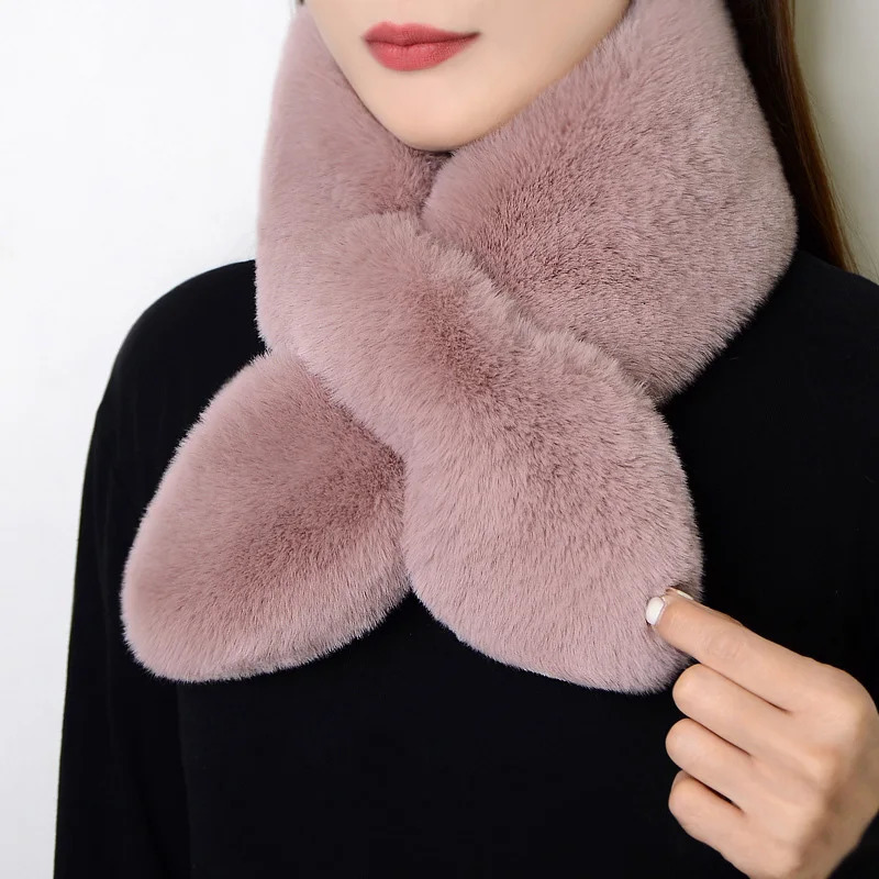 Women Winter Warm Thicken Collar Scarf Solid Color Faux Rabbit Fur Plush Shawl Scarfs Elegant Neckerchief Wrap Neck Warmer 241009