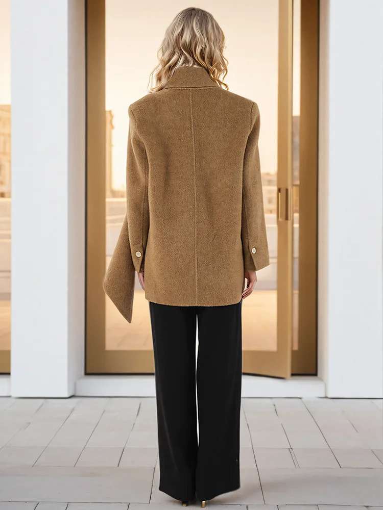 DEAT Fashion Womens Wool Coat Scarf Collar Double Chest Pockets Thick Loose Warm Jacket Autumn Trendy CPDB258 241011