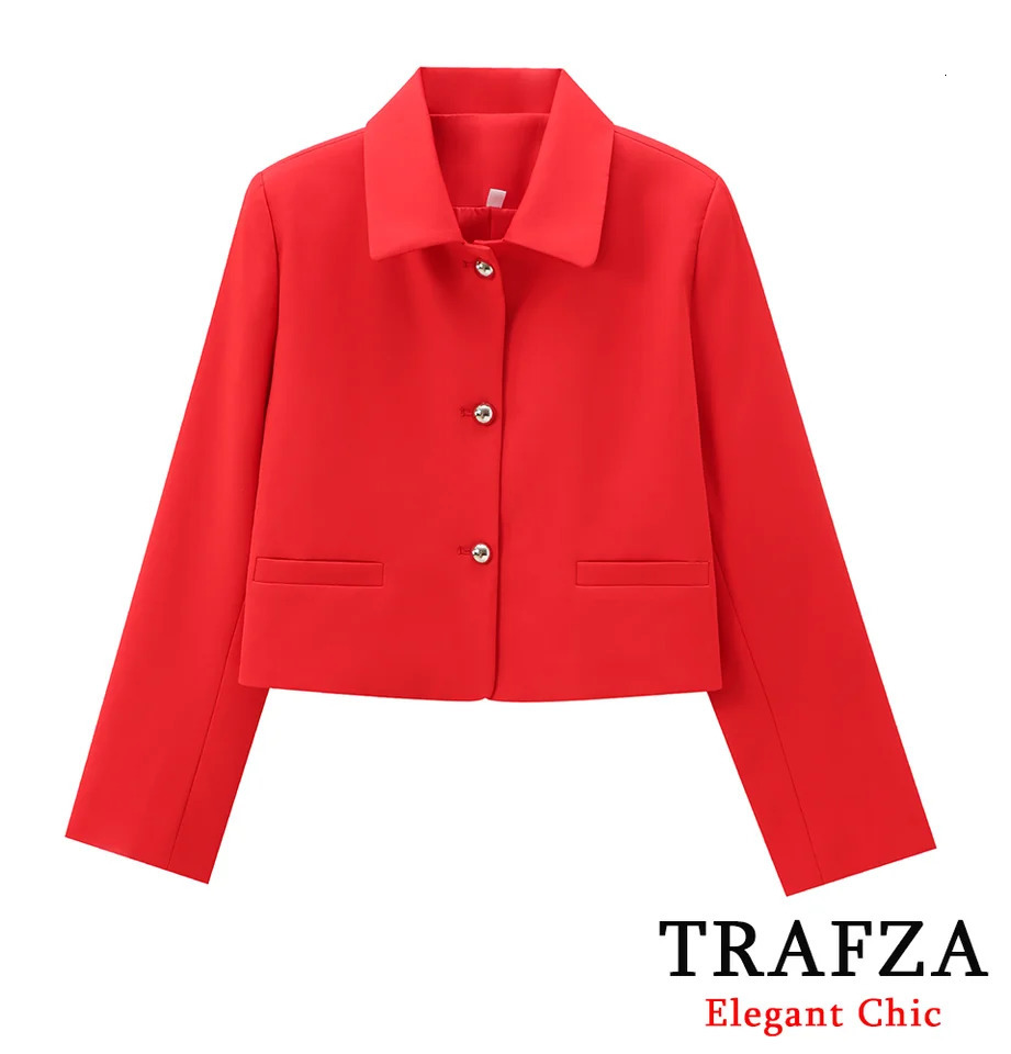 TRAFZAWomen Fashion Short Jacket Lapel Buttons Red Spring Autumn Street Outwear Elegant 241011