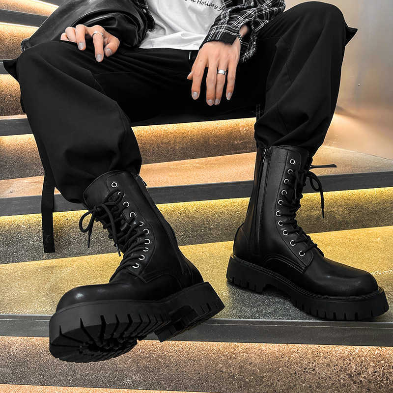 Martin Boot British Style Black Ankle Boots Mens Trendy Side Zipper Workwear Motorcycle Boots Korean Version Height Increasing Mid Top Boots Fashion B