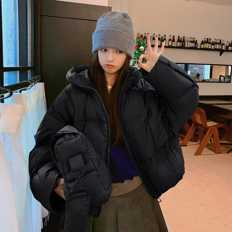 Winter short jacket fashionable hooded warm park inflatable jacket stand up collar chiffon American streetwear Y2K style 241009