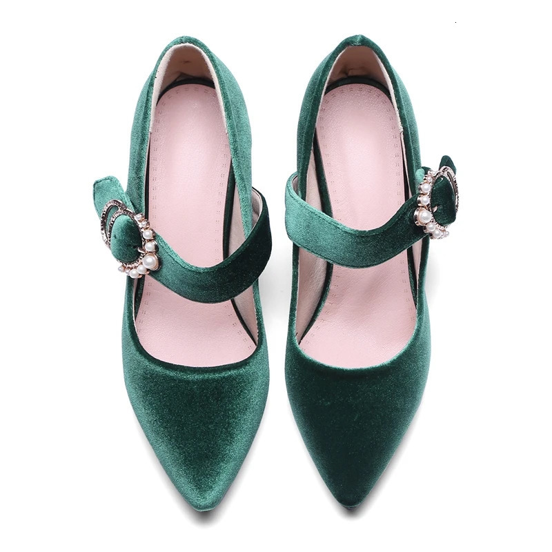 Velvet Mary Jane Shoes Women Pearls Buckle High-heeled Velour Green Burgundy Pumps Office Banquet Party Dress Shoes Ladies 33-43 241010