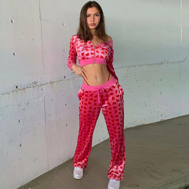 Y2K E- Velvet Sweatshirts Hoodies Top Cute Heart Print Zip Up Long Sleeve Cropped Navel Coat Pants Outfits Matching Set 241010