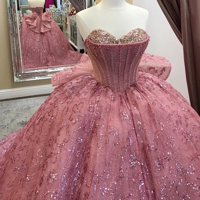 Pink Shiny Ball Gown Quinceanera Dresses Off the Shoulder Corset Sequined Lace Beads Crystal Sweet 16 Dress Vestidos De XV Anos 15 Anos