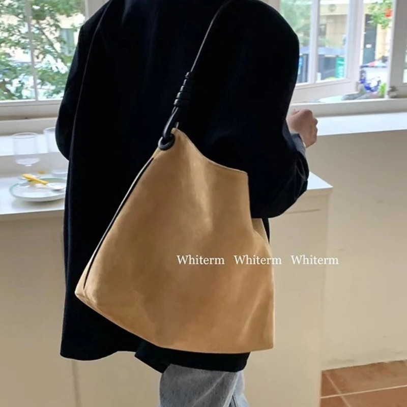 Korean version Ins large bag autumn/winter retro suede contrasting color single shoulder bucket large capacity handbag 241008