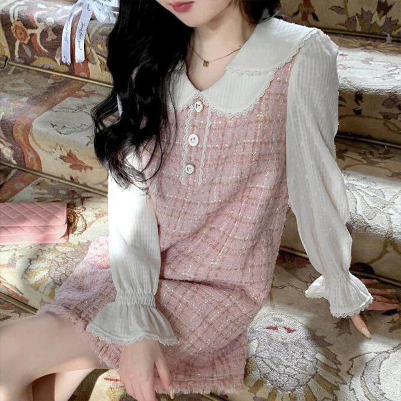 Korean style elegant womens party dress Kawaii Sweet Skirt pink tweed two sets holiday clothing spring summer 241011