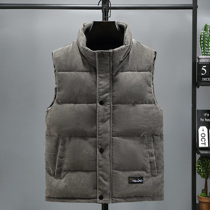 2024 Vest Jacket Mens Autumn Winter Warm Sleeveless Coat Stand Collar Padded Waistcoat Corduroy Work Wear Male Clothes 5XL 241011