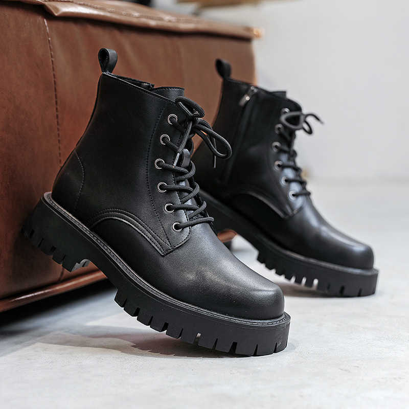 Martin Boot Summer Ankle Boots Mens British Style Casual Mid Top Leather Shoes Thick Soled Workwear Mens Black Trendy Short Boots Fashion Boots 240927