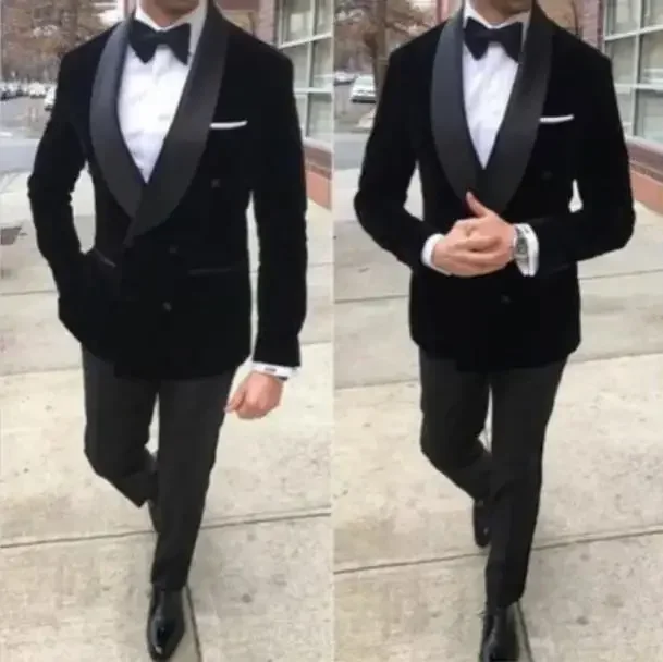 Double Breasted Prom Suits For Men Slim Fit Wedding Groom Tuxedo 2 Pcs Fashion Shawl Lapel Velvet Smoking Blazer With Pants 2024