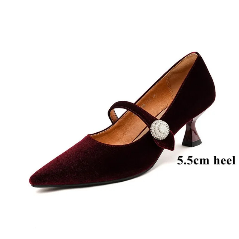 LeShion Of Chanmeb Women Wine Red Velour Shoes Spike Heels Pointy Toe Mary Janes Pumps Pearls Button Black Velvet Shoes Woman 40 241010